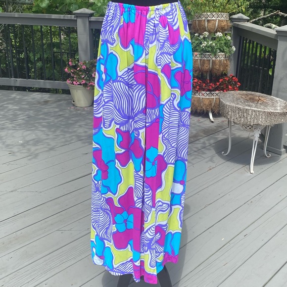 Vintage 60s Flower Power Swimsuit Coverup Maxi Wrap Floral Neon Skirt - Picture 4 of 7